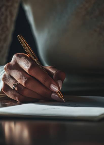 Close-up shot of person holding pen and writing on piece of paper, concept for creativity, work or study